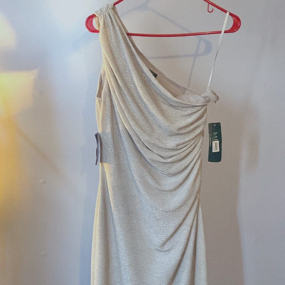 NWT Ralph Lauren 1 Shoulder Silver Metallic Midi Cocktail Dress S 12